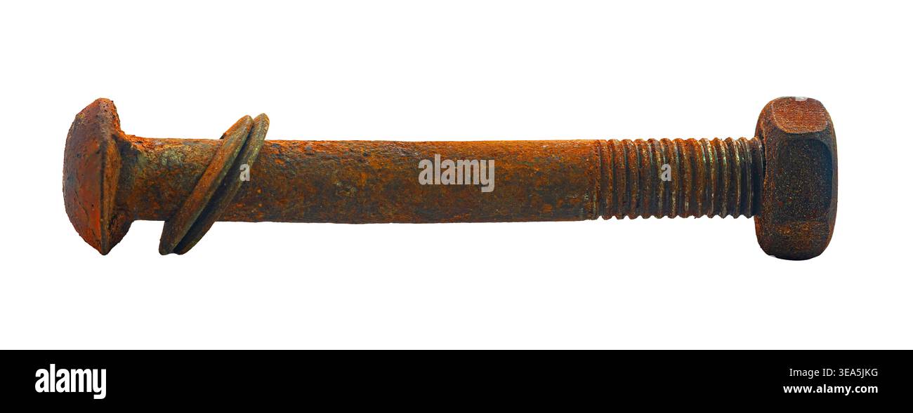 rusty construction bolt close-up on white isolated background Stock Photo