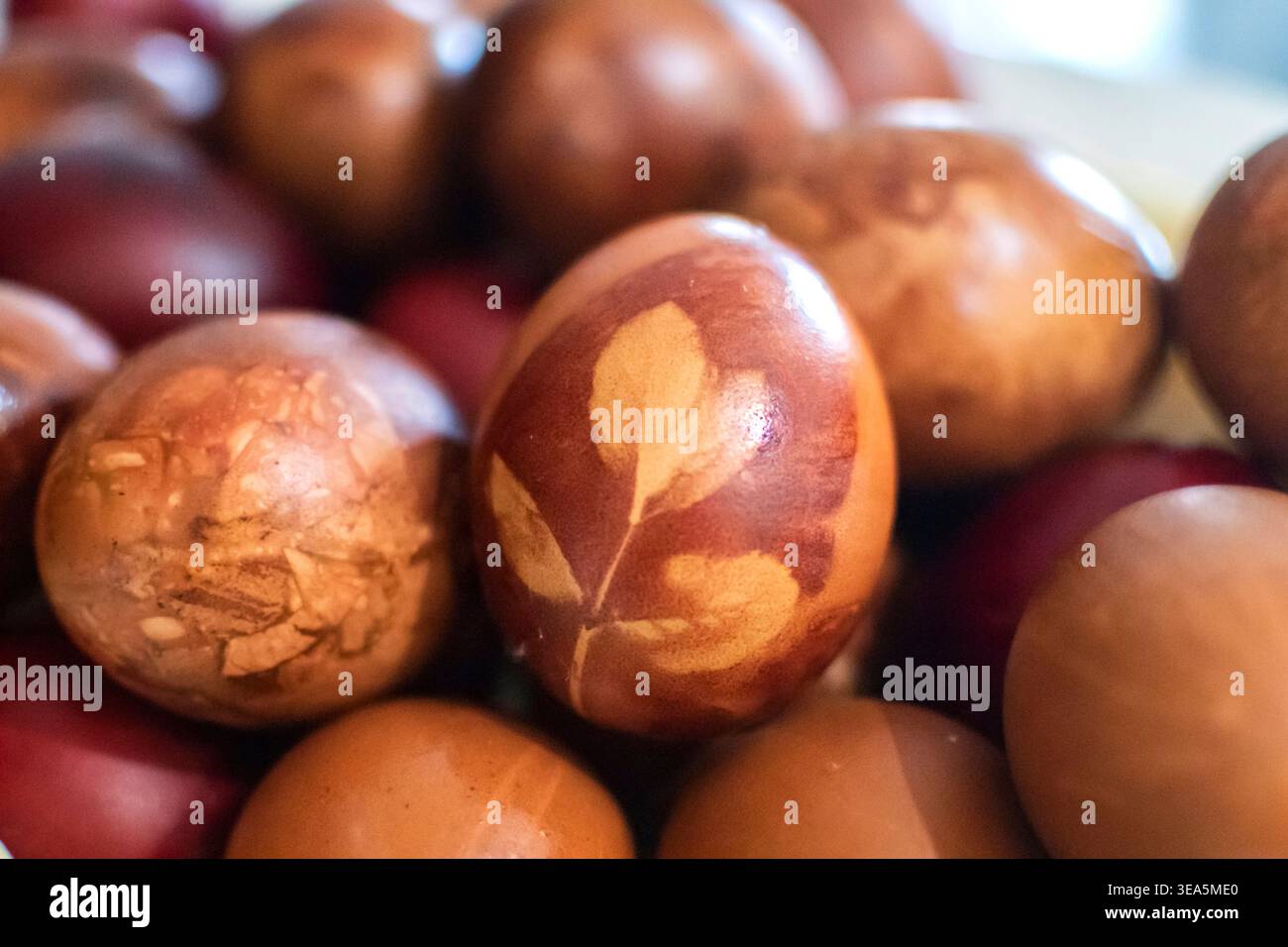 Naturally dyed Easter eggs in rustic arrangement for seasonal holiday background use. Stock Photo