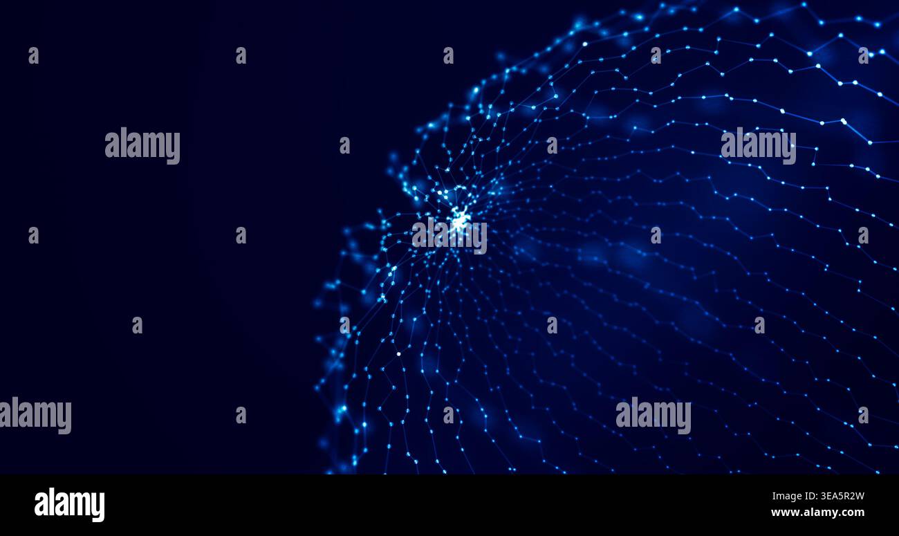 Digital glowing dots forming a complex mesh network, representing data connections, artificial intelligence, and technology Stock Photo