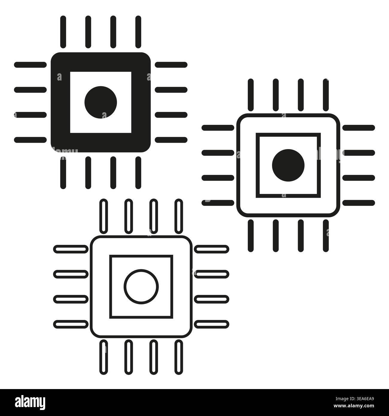 Processor set Vector. Computer chip symbol. Three CPU icons. Hardware tech element. Manual vector only. No autotrace used. EPS 10. Stock Vector
