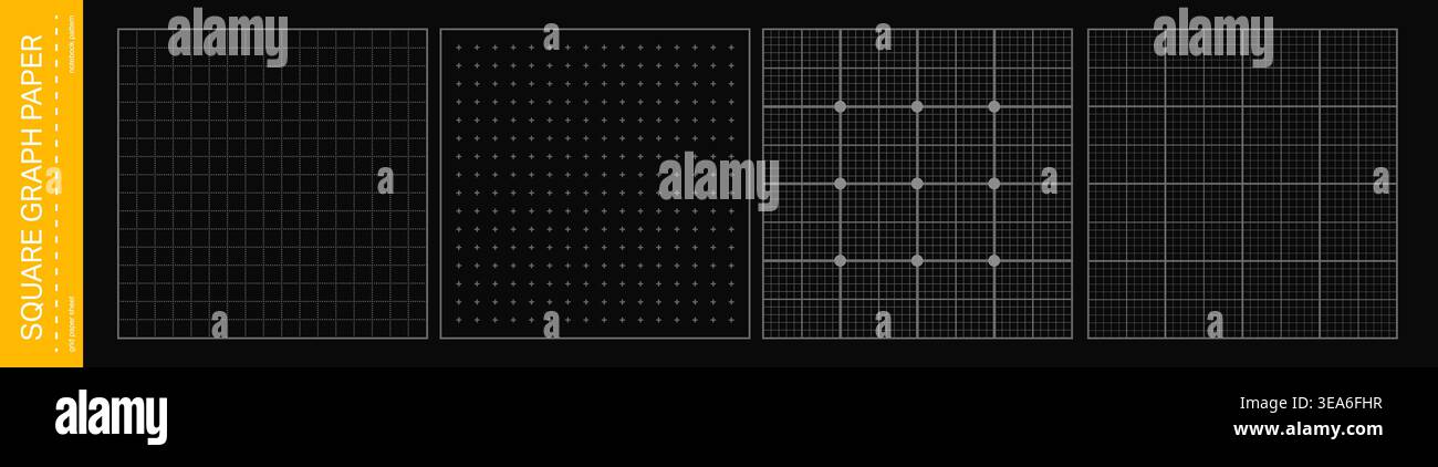Square graph paper set. Black notebook grid backgrounds with different patterns. Blueprint bg Stock Vector