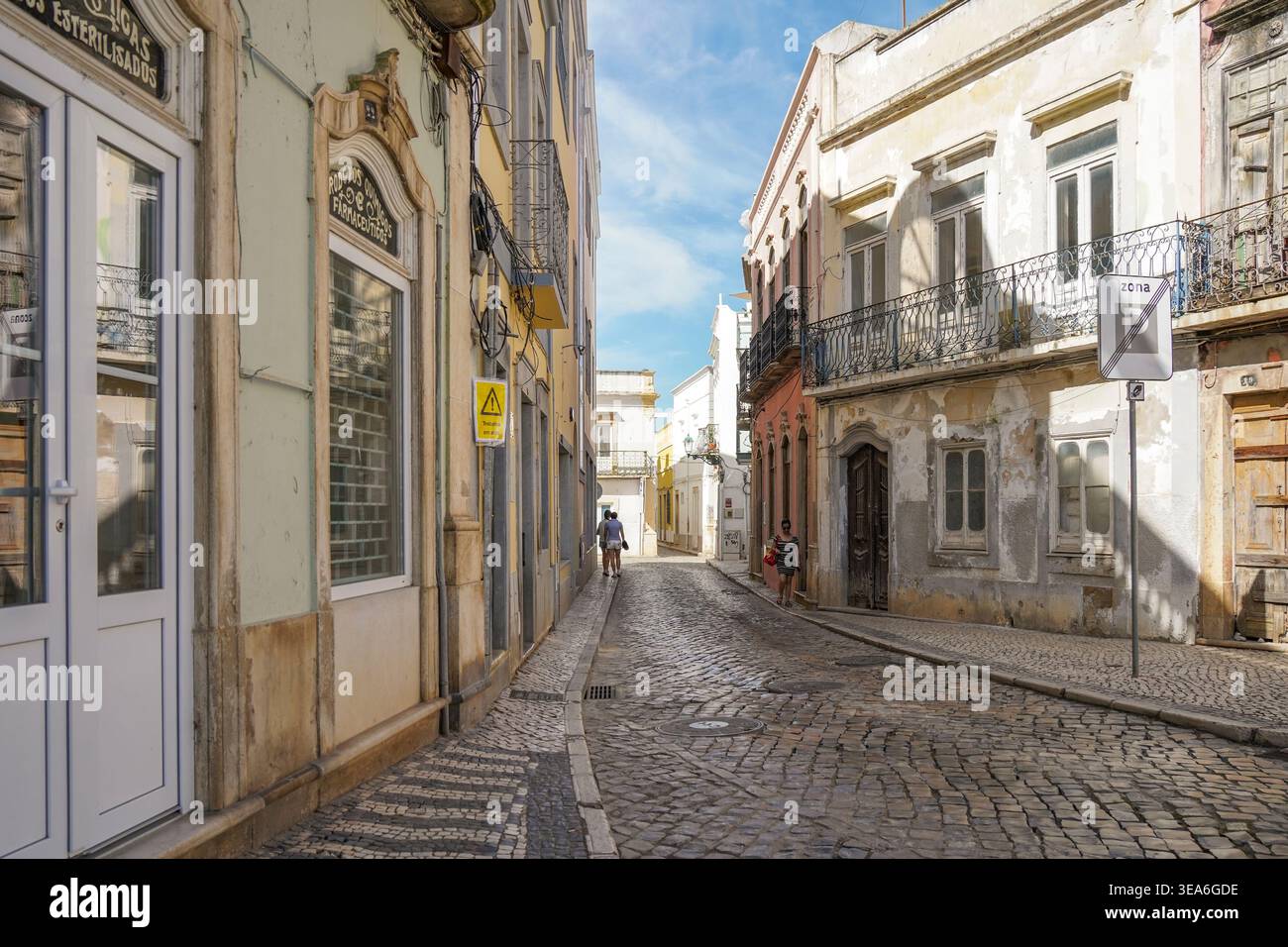 Typical historic street in Olhão, Portugal, Algarve region. Stock Photo