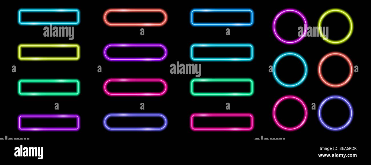Glowing neon UI buttons set on dark background. Vector design for web and apps. Stock Vector