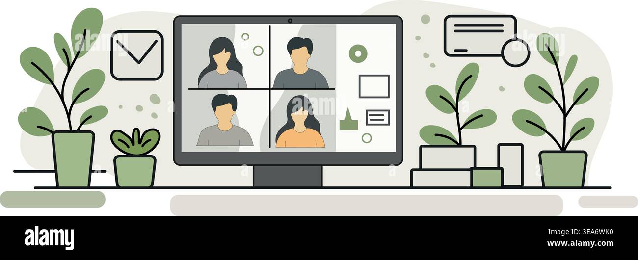 SaaS Workspace Illustration – Computer on Desk with Digital Dashboard Interface Stock Vector