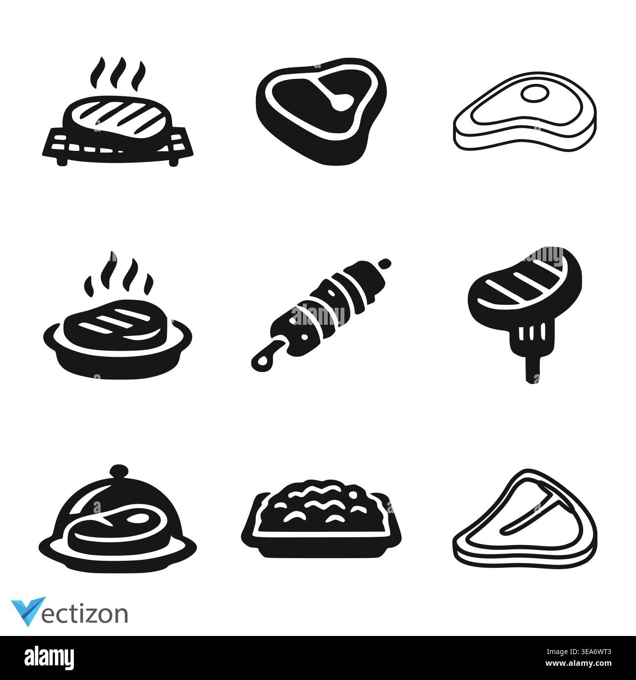 Meat icon set. Beef vector illustration. Steak symbol. BBQ sign. Raw ...