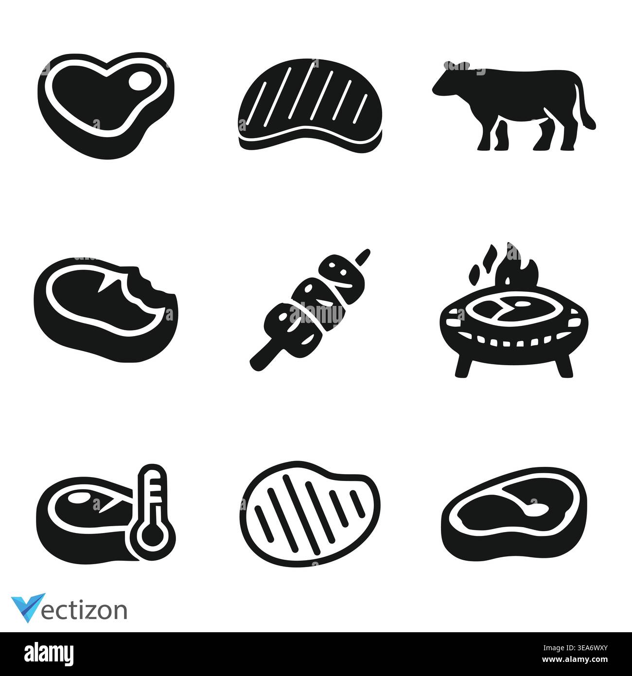 Meat icon set. Beef vector illustration. Steak symbol. BBQ sign. Raw ...