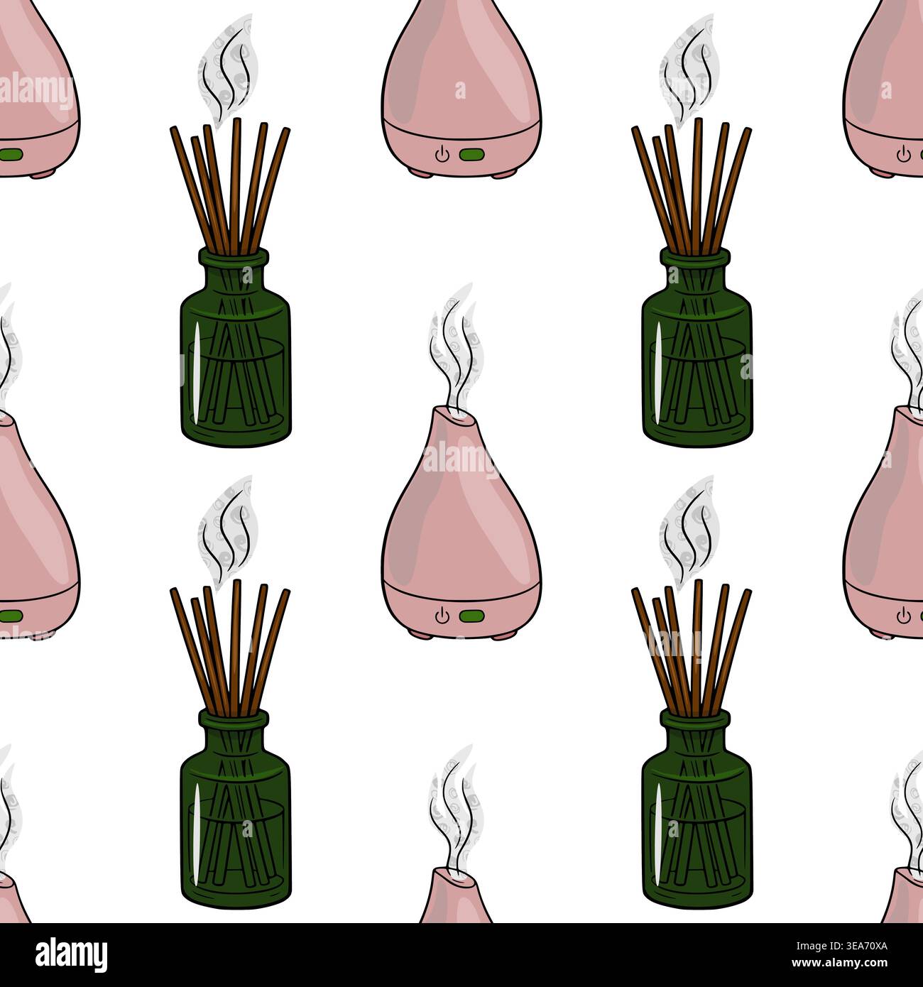 Seamless vector pattern of pink aroma diffusers and green reed diffusers with smoke Stock Vector