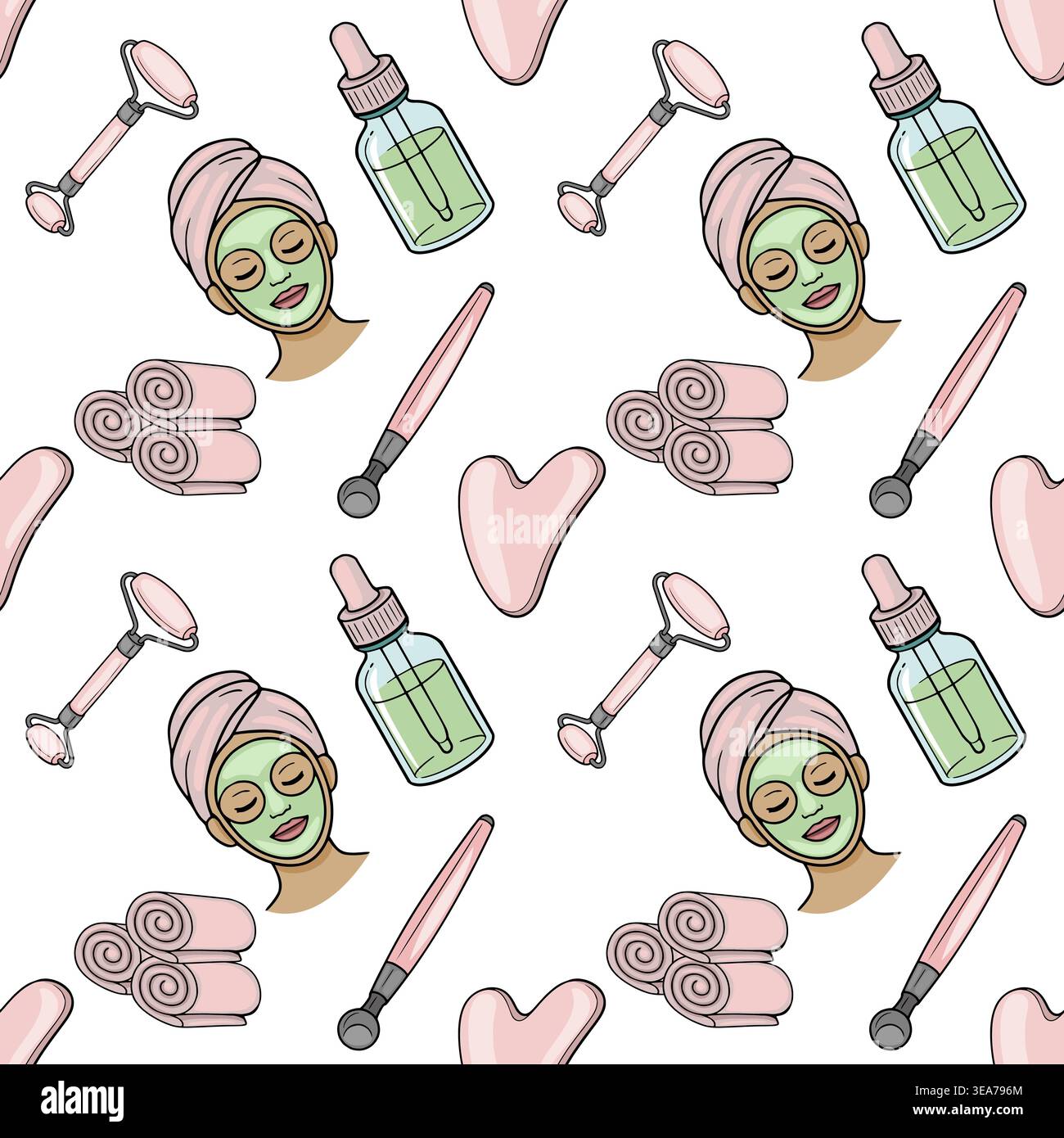 Seamless spa vector pattern with facial rollers, gua sha, serum bottles, and facial masks Stock Vector