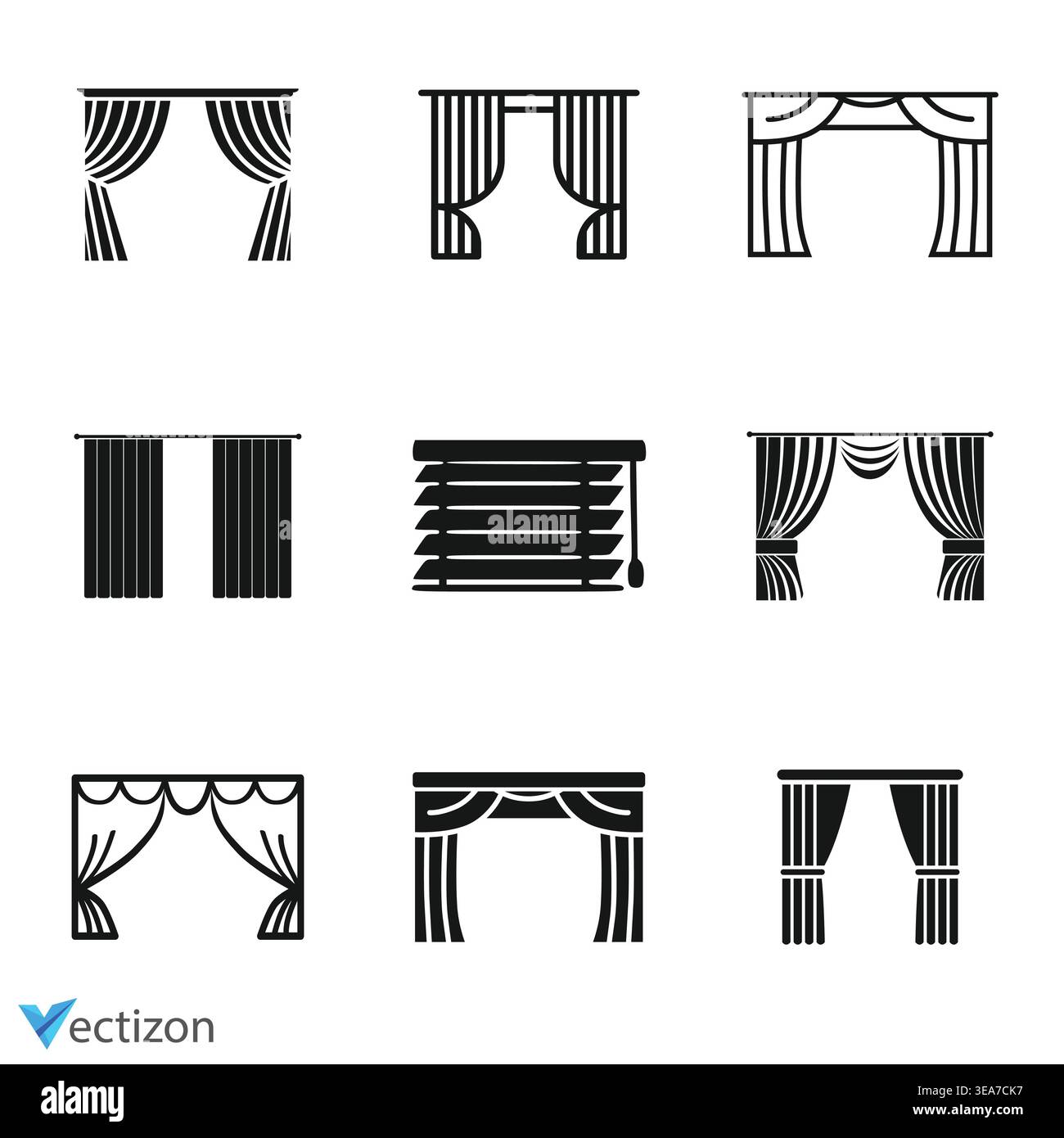Window blinds icons set. Statutory different types of blinds, linear icon collection. Line with editable stroke Stock Vector