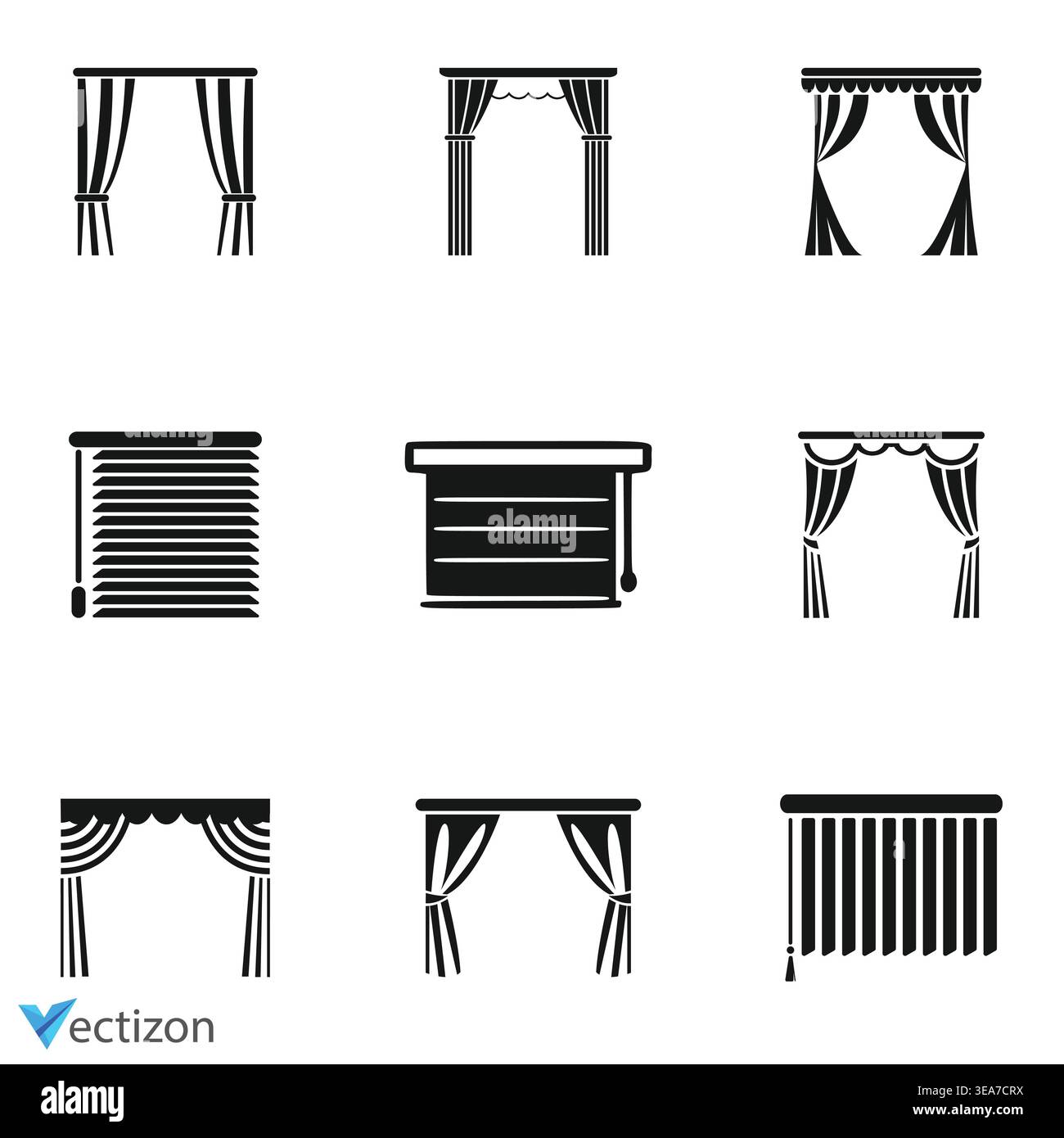 Window blinds icons set. Statutory different types of blinds, linear ...