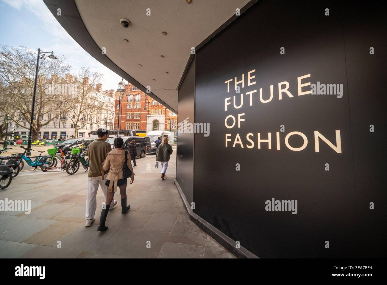 LONDON - MAY 09, 2026: Sloane Square Knightsbridge – Peter Jones & Partners with The Future of Fashion signage. Stock Photo