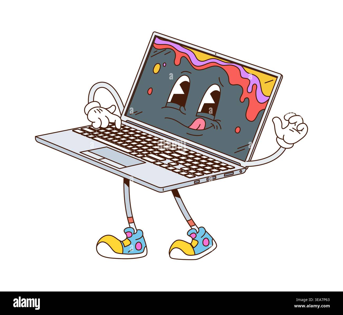 Groovy laptop notebook computer cartoon character Stock Vector