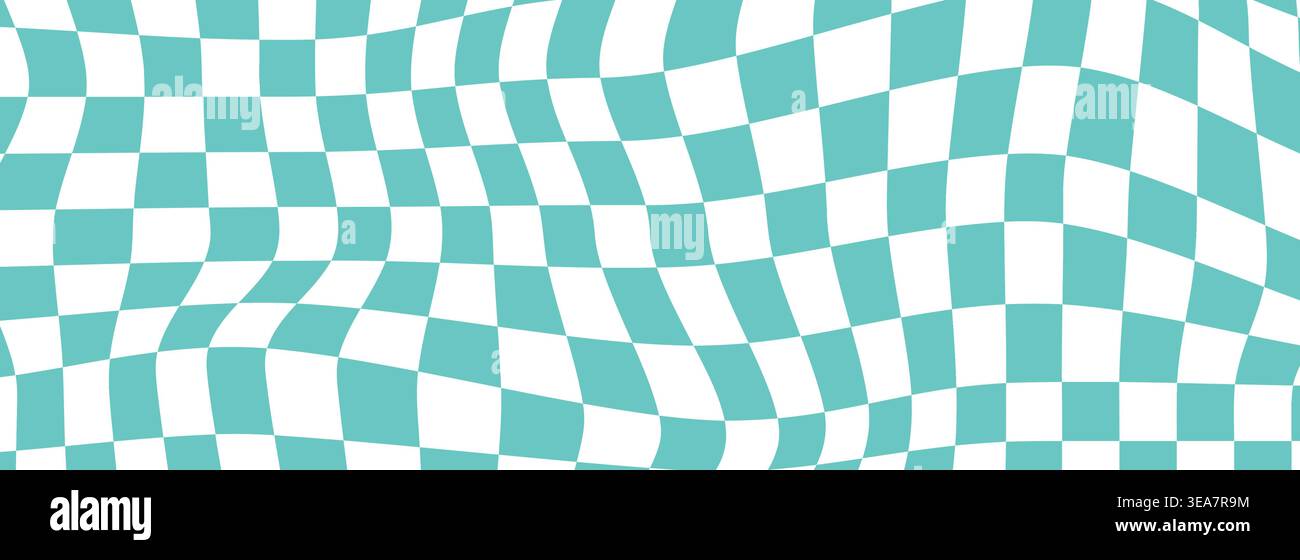 Checkerboard background, pattern grid. Retro psychedelic checkered wallpaper. Wavy groovy chessboard surface. Distorted geometric grid. Vector illustration Stock Vector