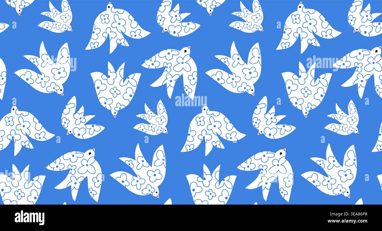 Seamless spring pattern with bird shapes filled with line doodle flowers on a blue background, a delicate natural combination for fabric, packaging Stock Vector