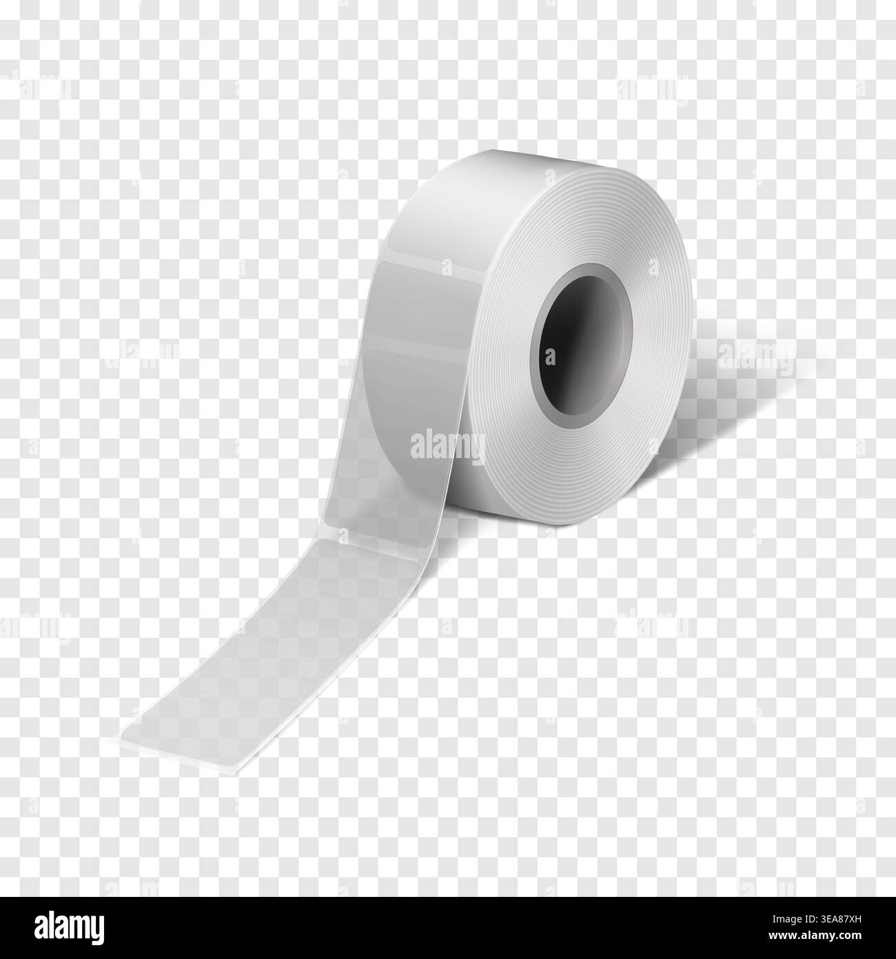 Clear rectangular label sticker roll on transparent background vector mock-up. Blank adhesive labels on bobbin realistic mockup Stock Vector