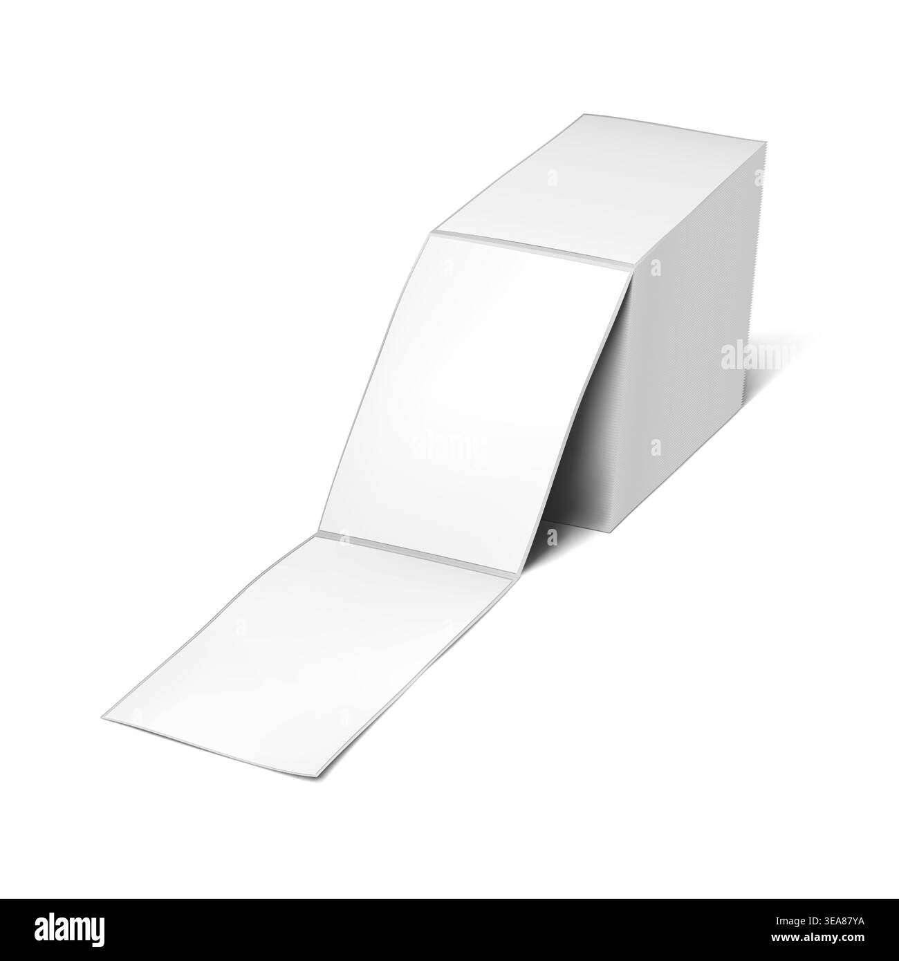 Rectangular label sticker tear-off line for thermal printer - realistic vector mock-up. Blank white fanfold adhesive labels stack - mockup Stock Vector