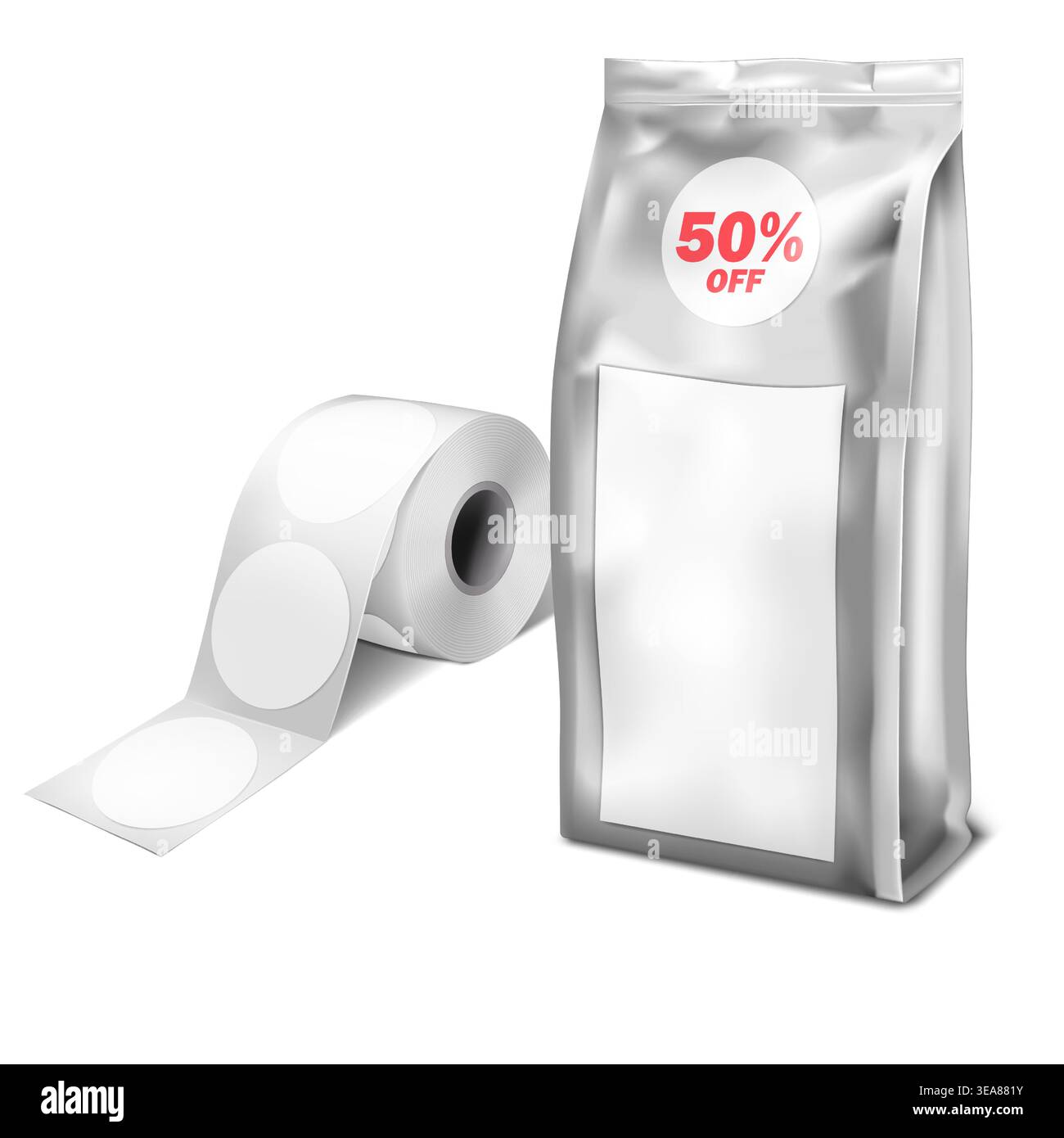 Round label sticker roll with sample on product package. Adhesive labels for promo advertising design Stock Vector