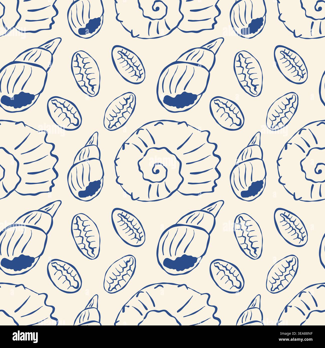 Seamless pattern of hand drawn seashells in navy blue on cream ...