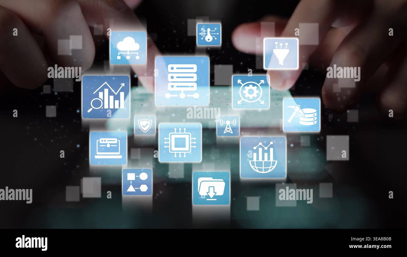 Concept of big data processing and analysis using big data architecture enables insights, big data visualization, and big data integration. Funnel Stock Photo