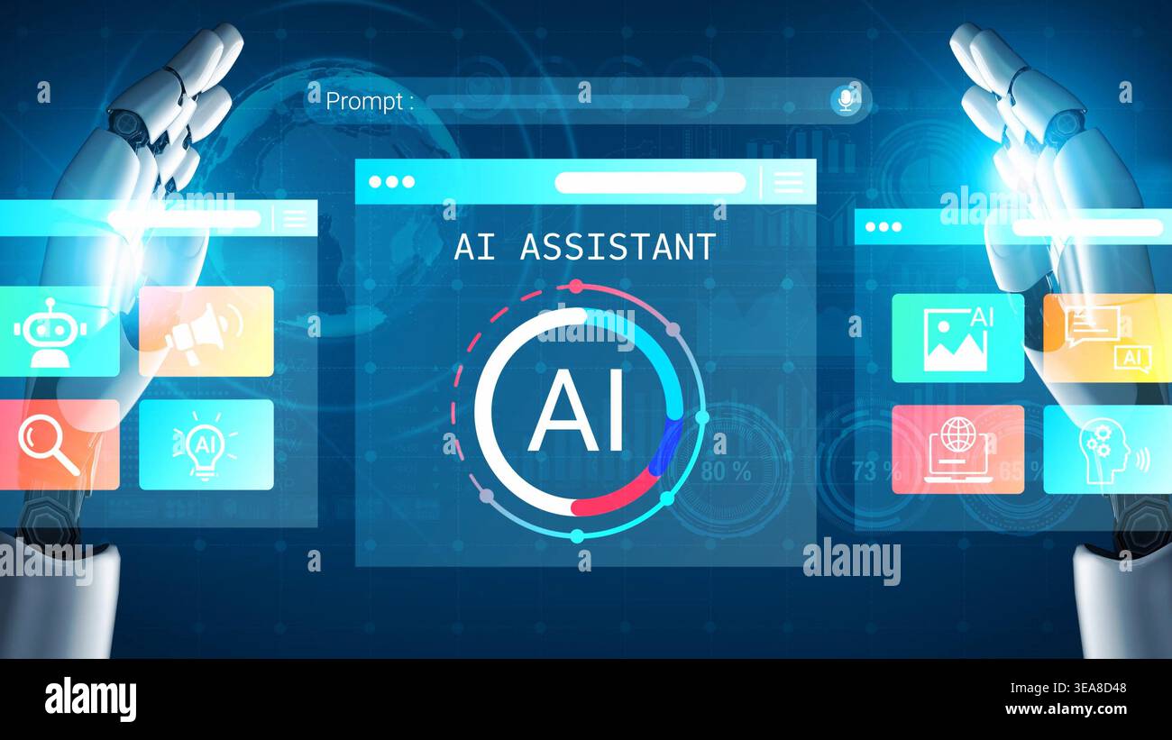Futuristic Robotic Hands Interacting with AI Interface Featuring Digital Assistant, Technology Concepts, Innovative Interface Design, Virtual Stock Photo