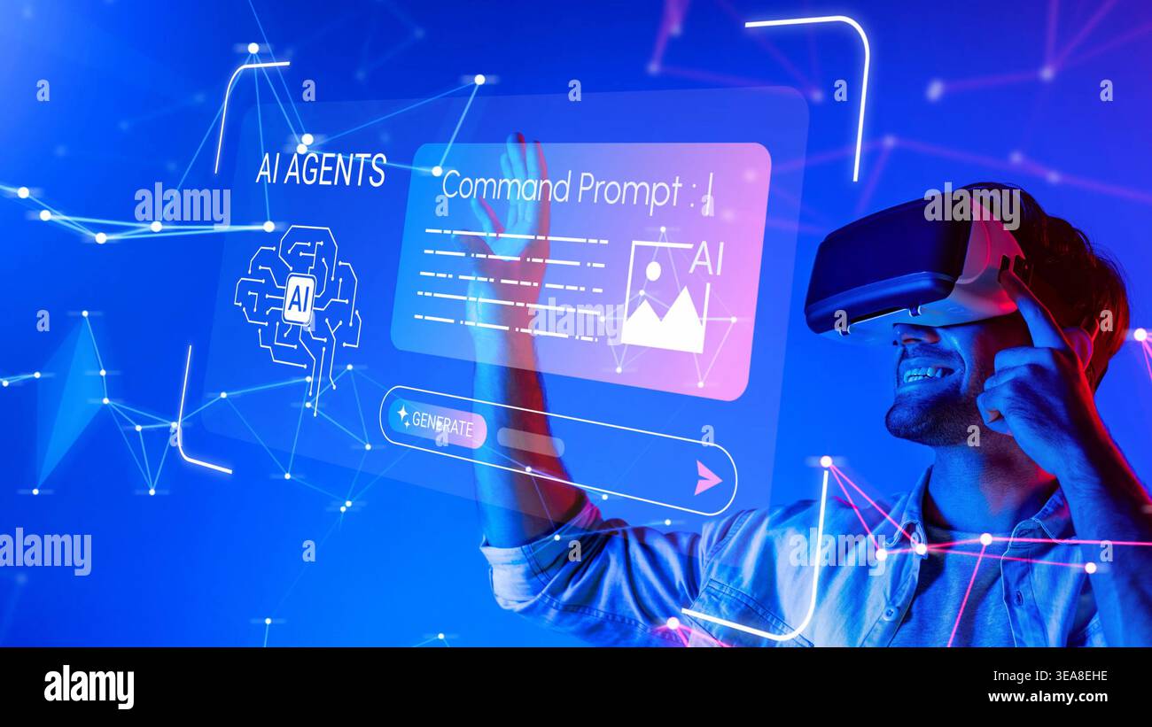 Futuristic man using virtual reality headset while interacting with AI technology and digital interface in a vibrant blue background Gluon. Stock Photo