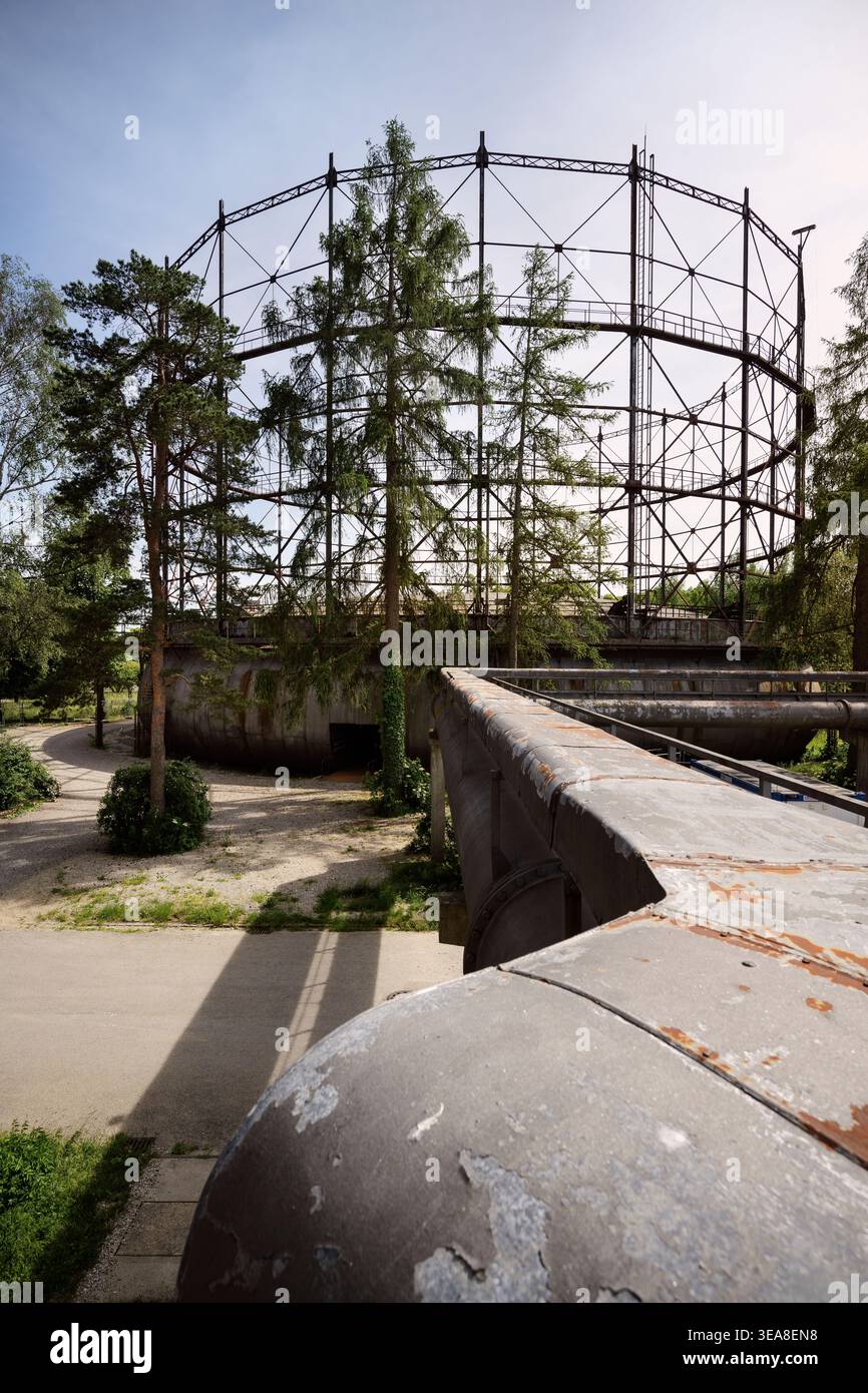 Old gasworks in Augsburg Obenhausen, telescopic gas holder, Swabia, Bavaria, Germany, Europe, Germany's industrial heritage Stock Photo