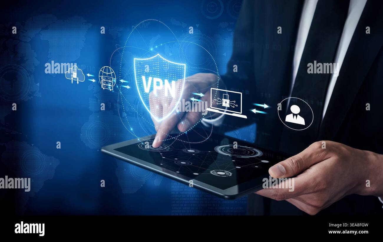 VPN security protects network access. VPN security encrypts data, hides identity, VPN security defends traffic, and VPN security secures connection Stock Photo