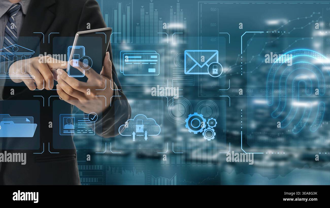 System for safeguarding digital identity using fingerprint authentication, encryption, and secure access protocols across cloud, device, and personal Stock Photo