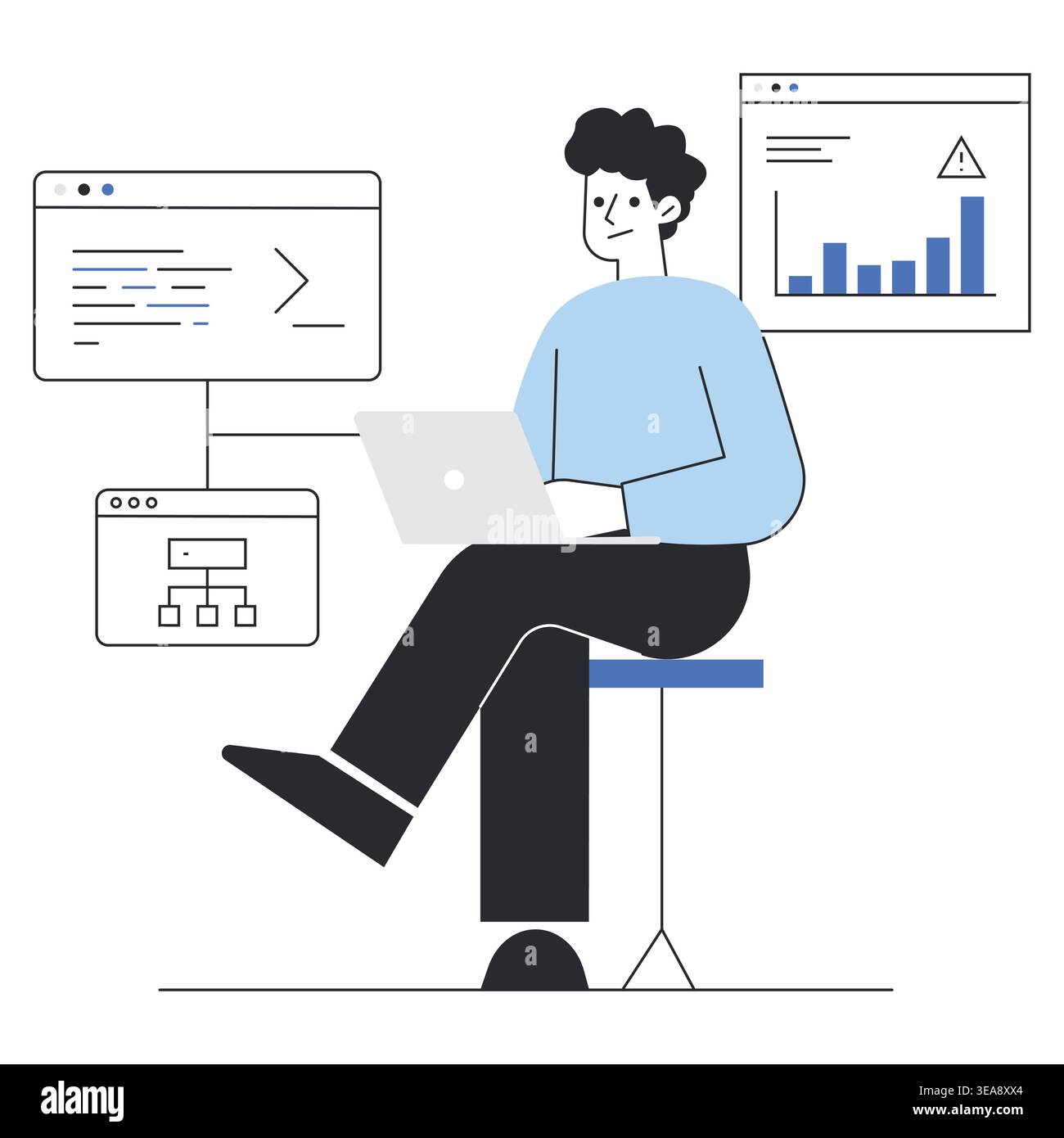 Man working on laptop with code, chart, and workflow panels vector illustration for data analysis, software development, and digital business. Stock Vector