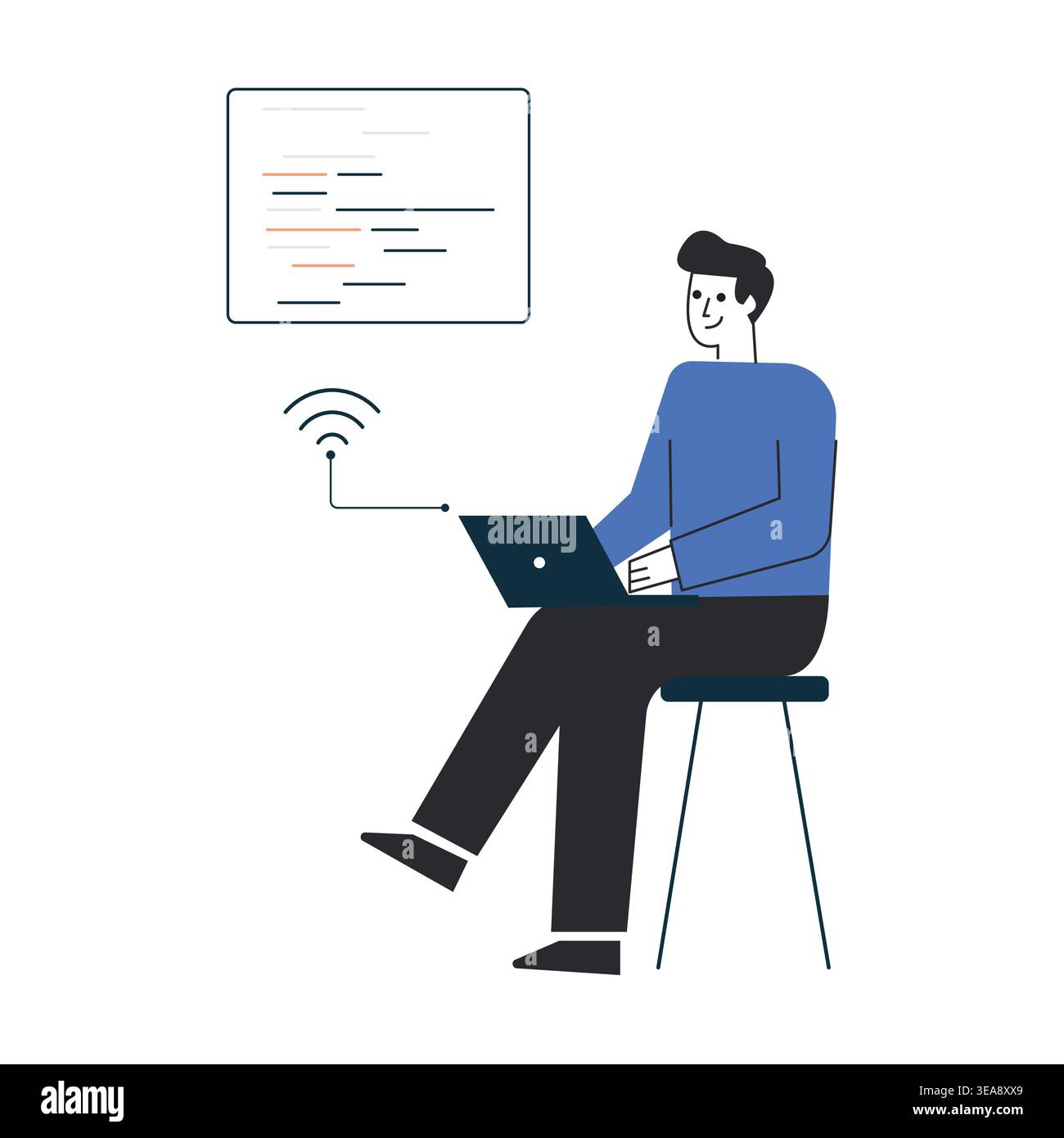 Man working on laptop with code, chart, and workflow panels vector illustration for data analysis, software development, and digital business. Stock Vector