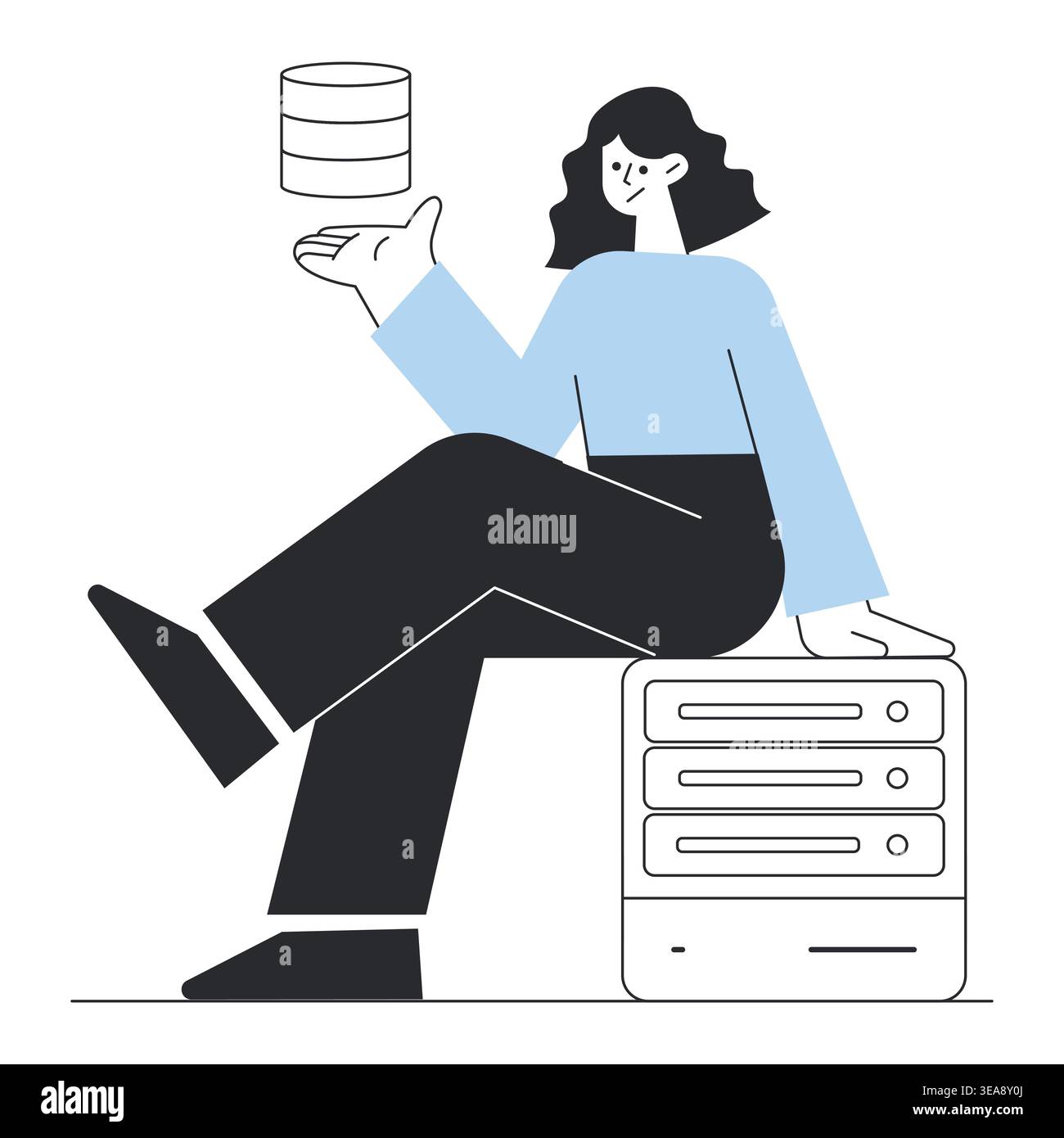 Woman sitting on server stack with database icon vector illustration for data storage, cloud computing, server management, and digital infrastructure. Stock Vector