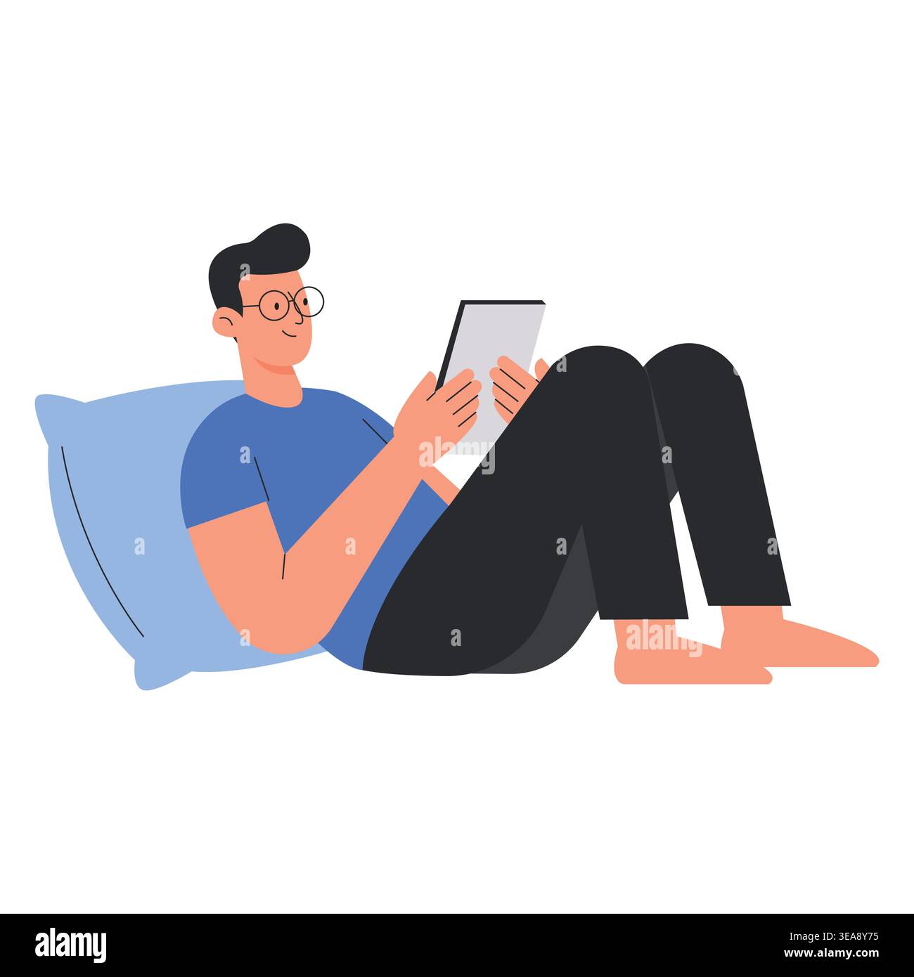 Man relaxing on a pillow while using a digital tablet vector illustration. Stock Vector