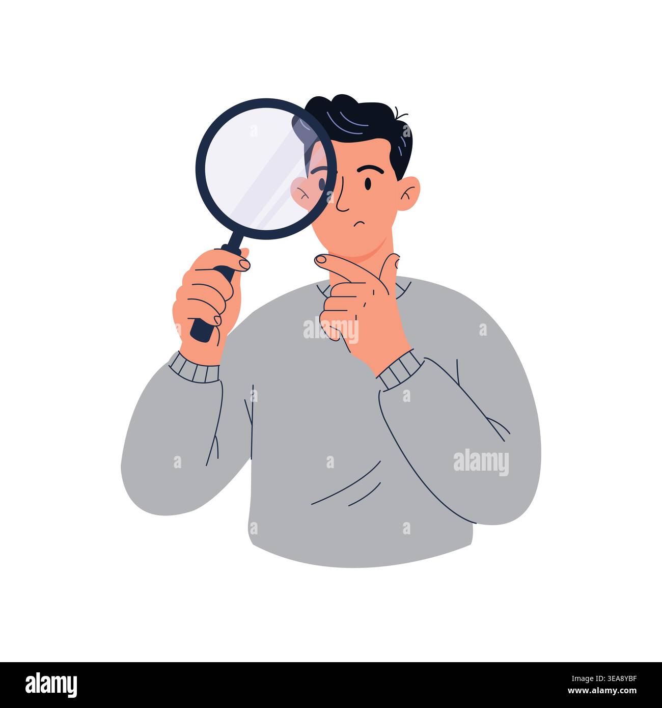 Man holding magnifying glass and thinking vector illustration for search, investigation, analysis, curiosity, and problem-solving concept. Stock Vector