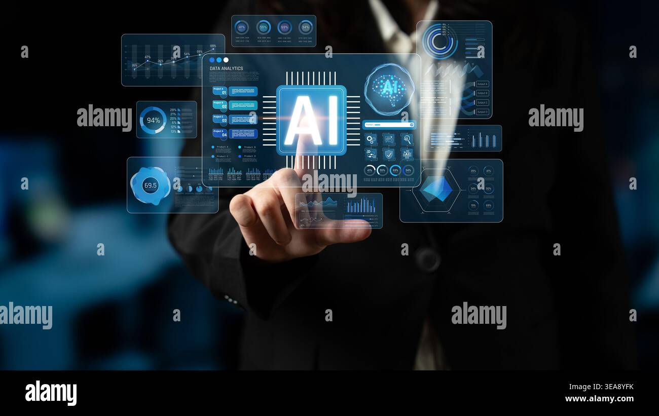 Futuristic Businessman Interacting with Digital Artificial Intelligence Interface and Data Analysis Graphics in Creative Office Environment Sigmoid Stock Photo