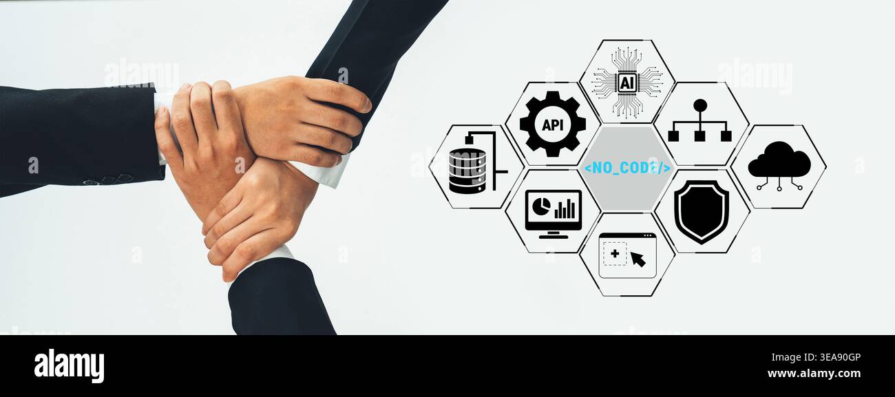 Business Hands Collaboration Concept with No Code Technology Visual Elements and Data Integration Graphics in the Background Quark. Stock Photo