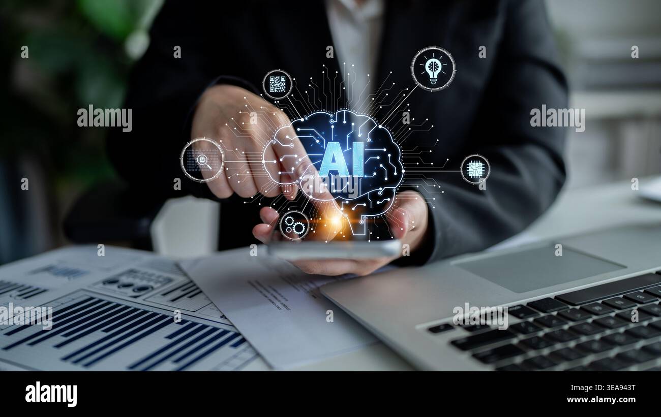 Artificial intelligence models neural signals for deep learning and cognitive computing. Train artificial intelligence to improve recognition Stock Photo