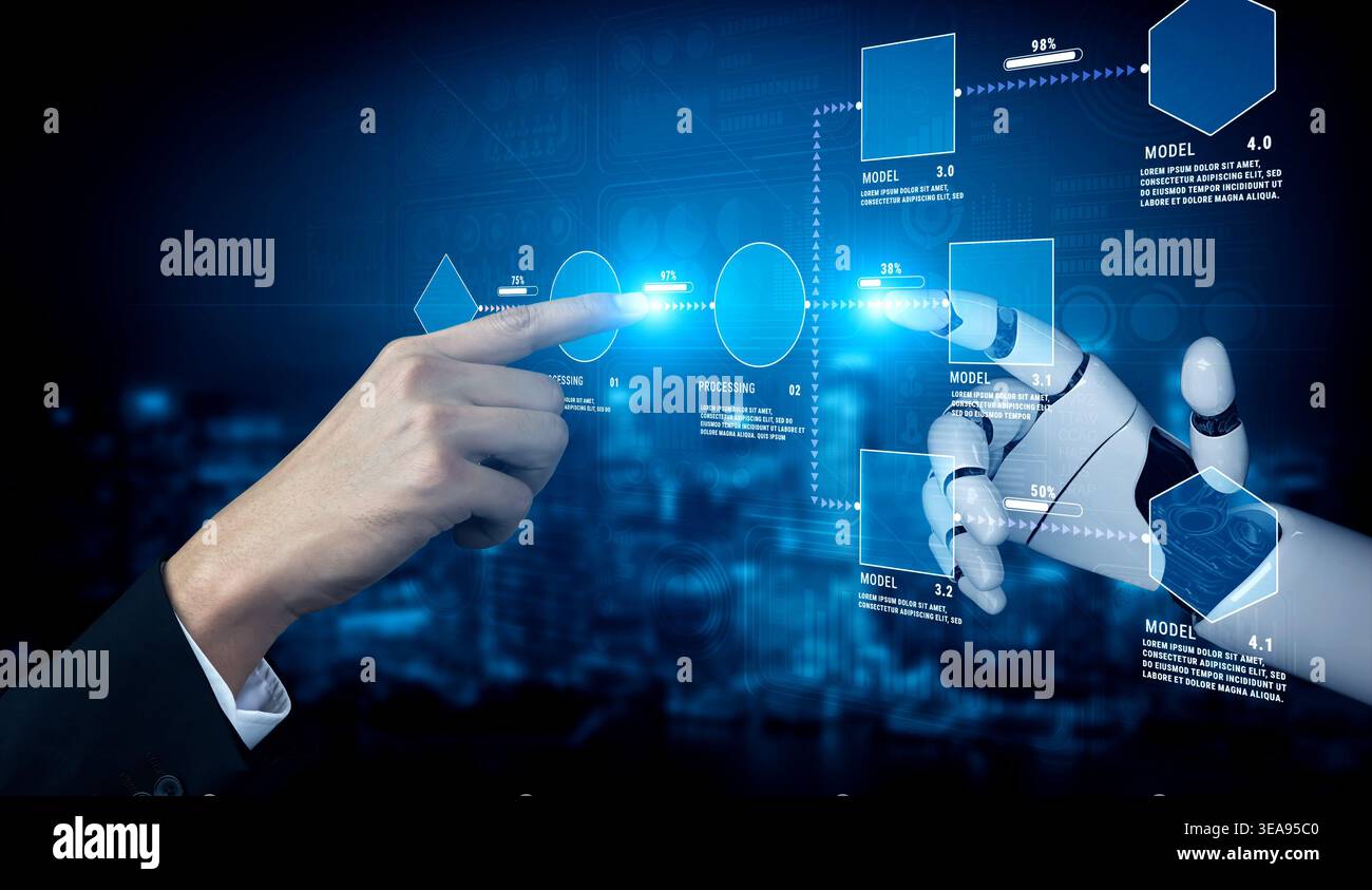 Human and Robot Interaction with Futuristic Technology Visuals Representing Data Processing and Advanced Models in a High-Tech Environment Quark. Stock Photo