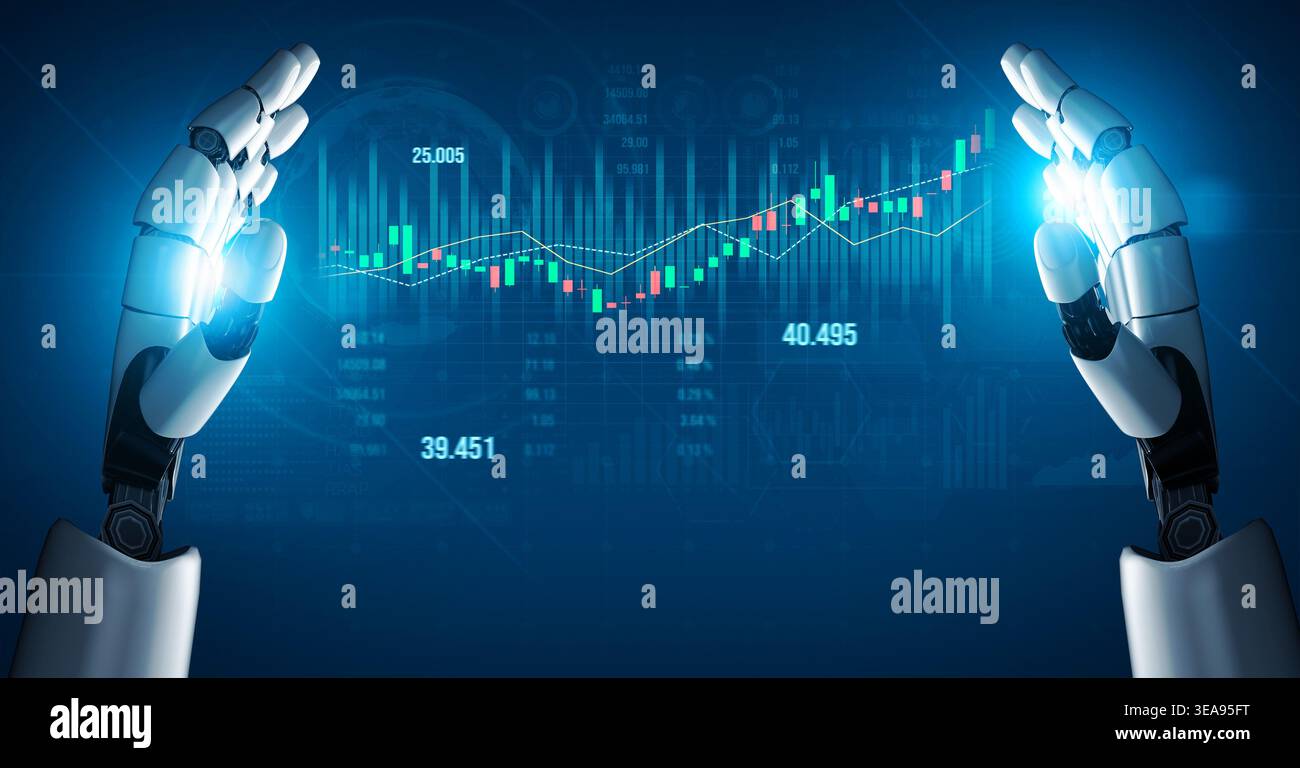 A pair of futuristic robotic hands showcases a digital financial growth chart, illuminated by glowing data indicators against a vibrant blue backdrop Stock Photo