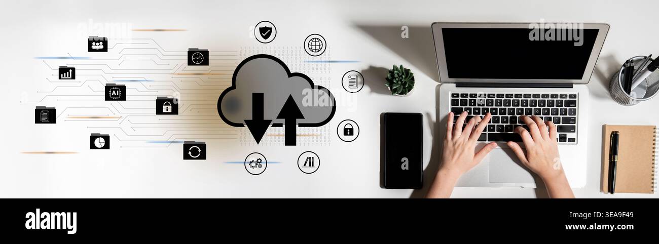 Cloud data storage enhances secure backup, improves connectivity, and supports digital file management Parse Stock Photo