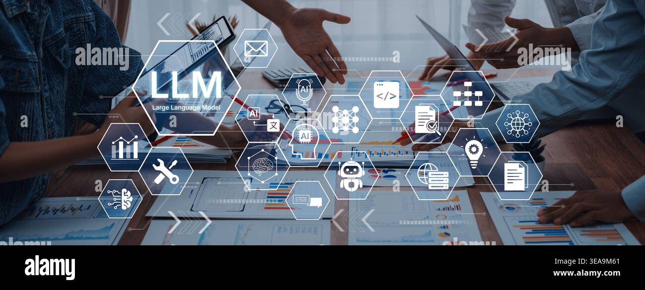 Large Language Model LLM processing data. Represents deep text learning, natural language processing NLP AI tech, transformer architecture, and Stock Photo