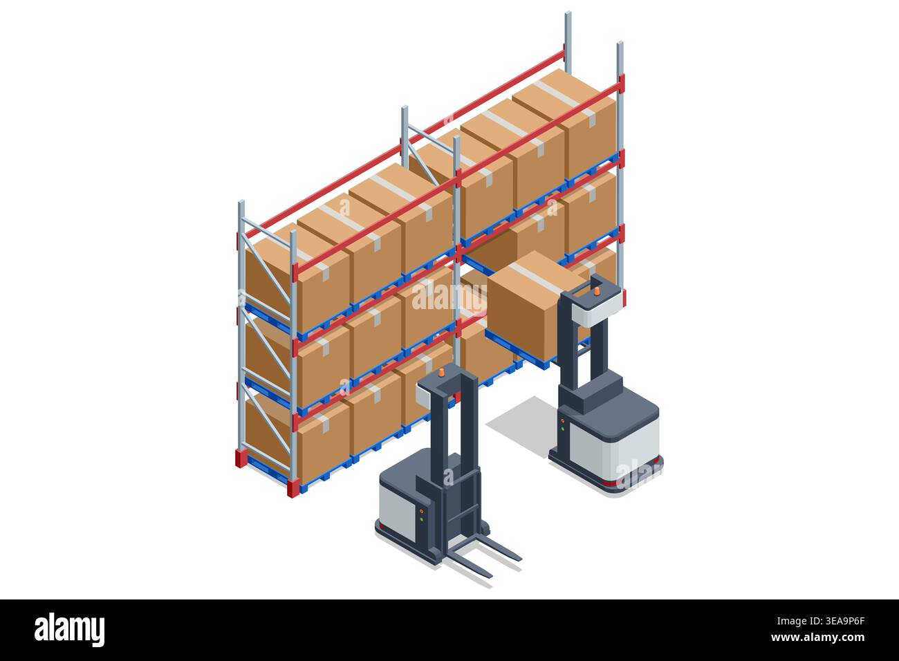 An isometric view of a large warehouse racking system. Two autonomous ...