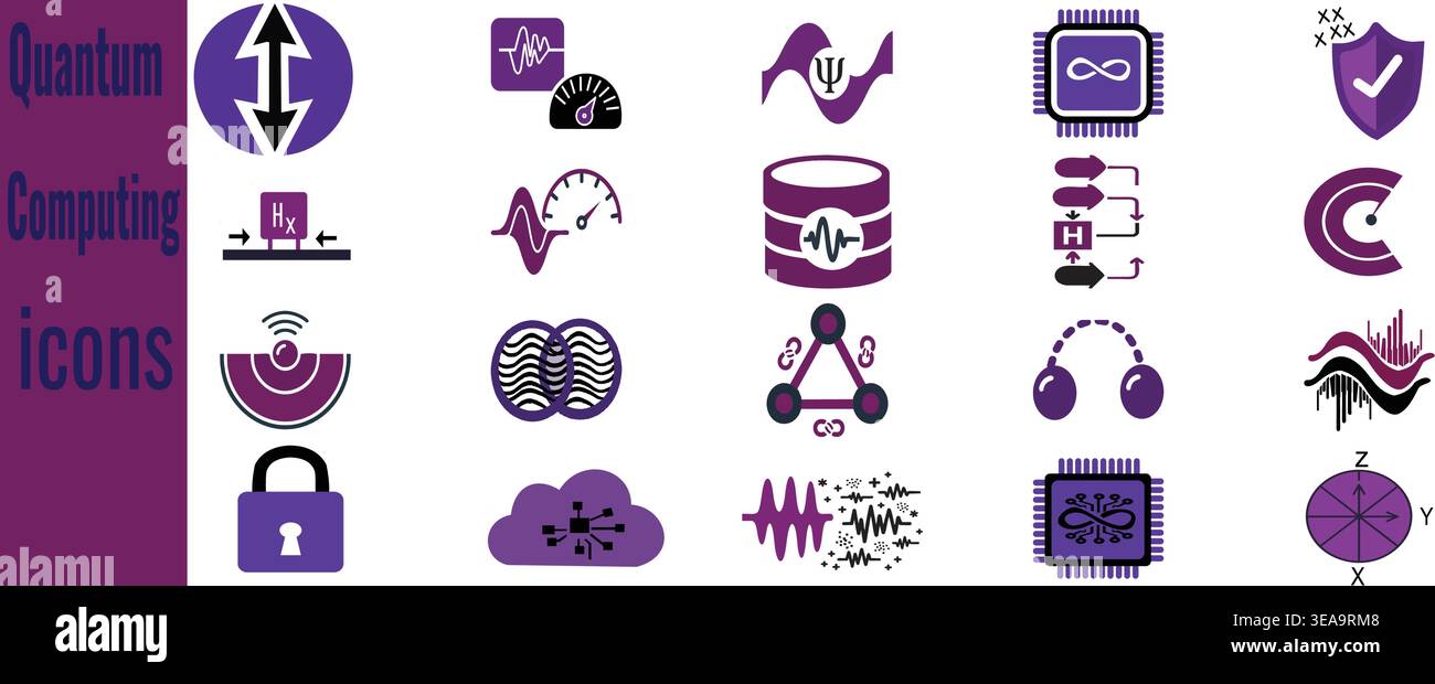 Stylized quantum computing icons in purple black, and white, depicting qubit entanglement gates security cloud networks Stock Vector