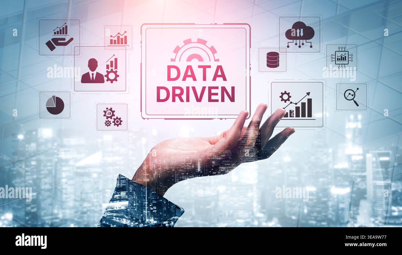 Data-driven decision-making empowers business through analytics, datum collection, and AI systems. Data driven tools support cloud data processing and Stock Photo