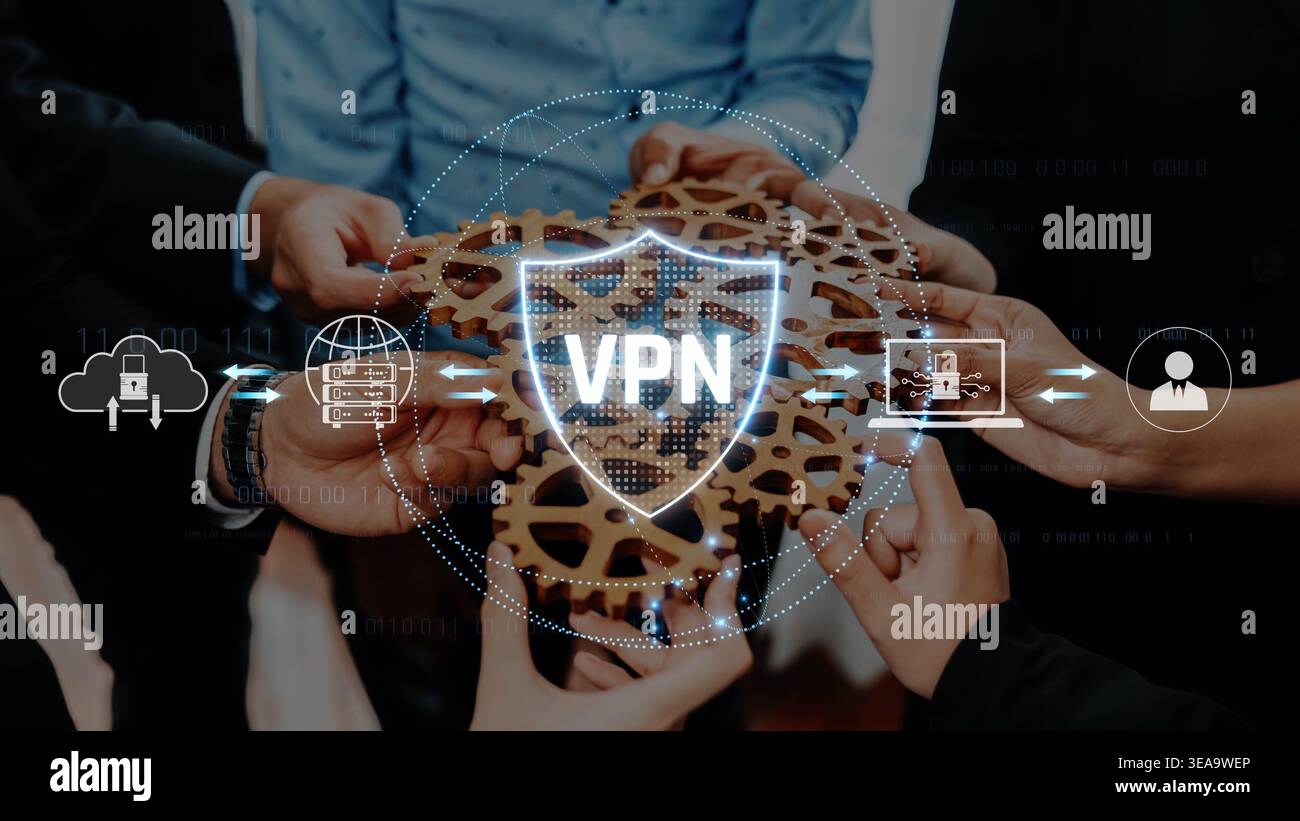 A conceptual image depicting hands collaborating around a virtual private network graphic, emphasizing teamwork in securing digital communication and Stock Photo