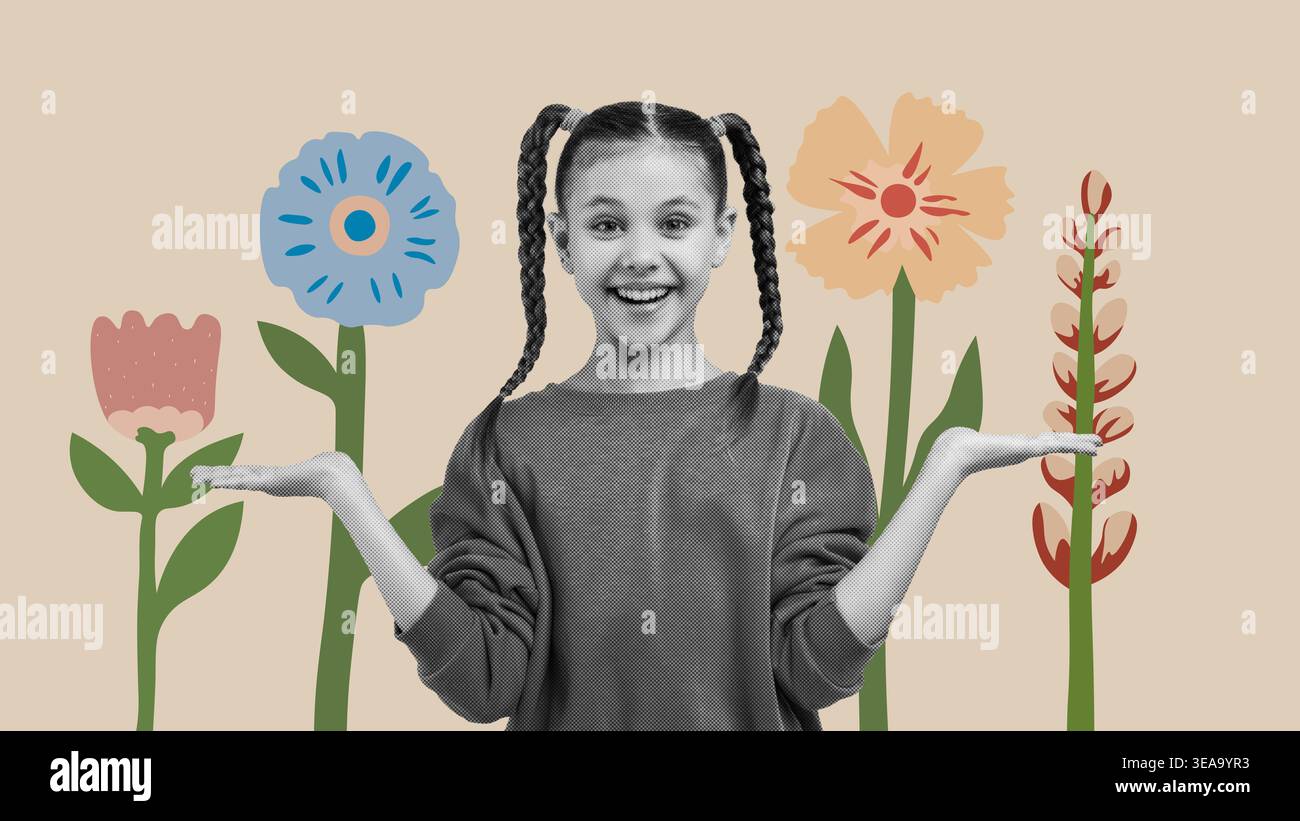 Happy Girl Presenting Flowers in a Fun Collage Design With Bright Colors and Playful Elements Stock Photo
