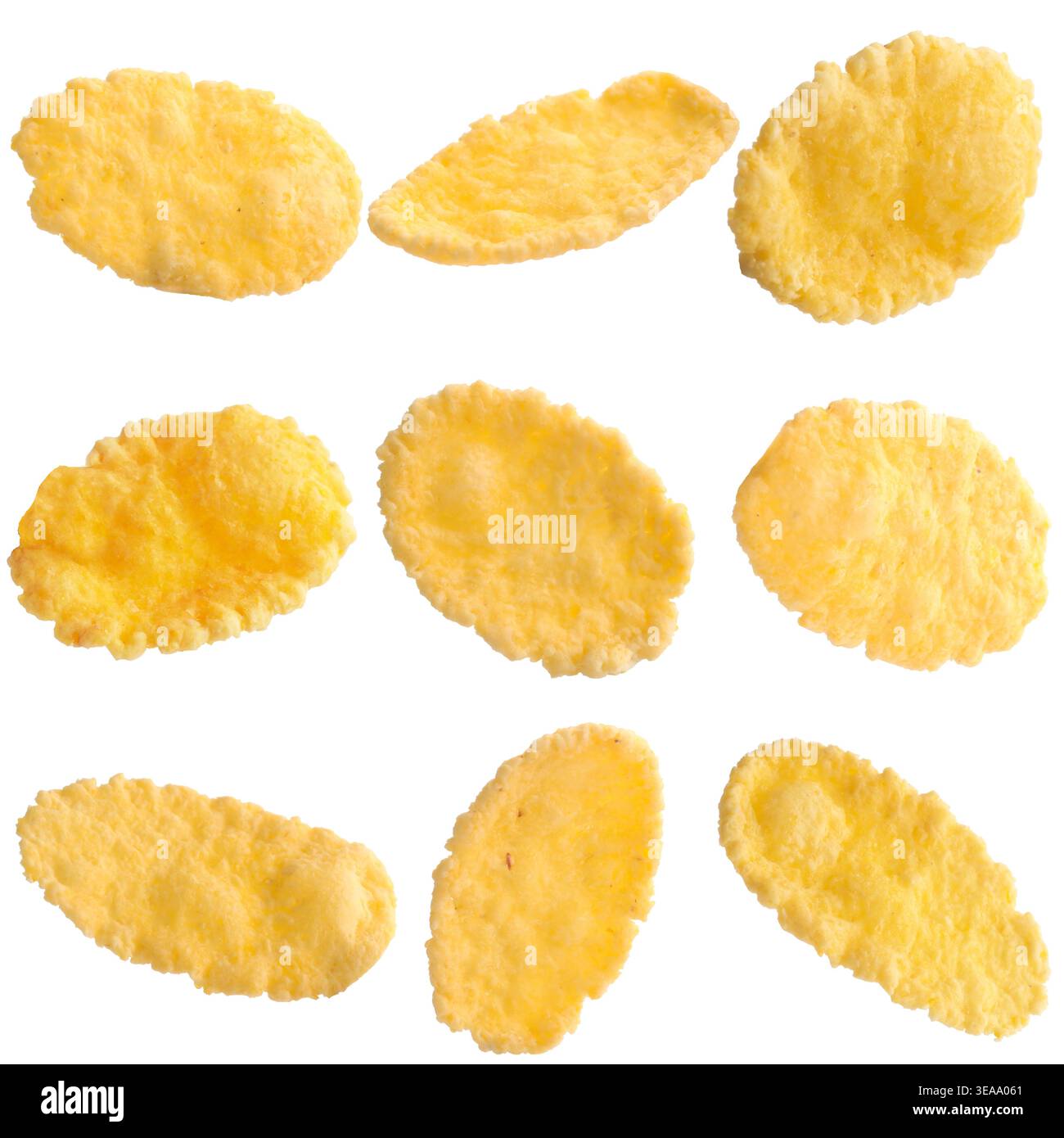Golden corn flakes isolated on white, collage Stock Photo