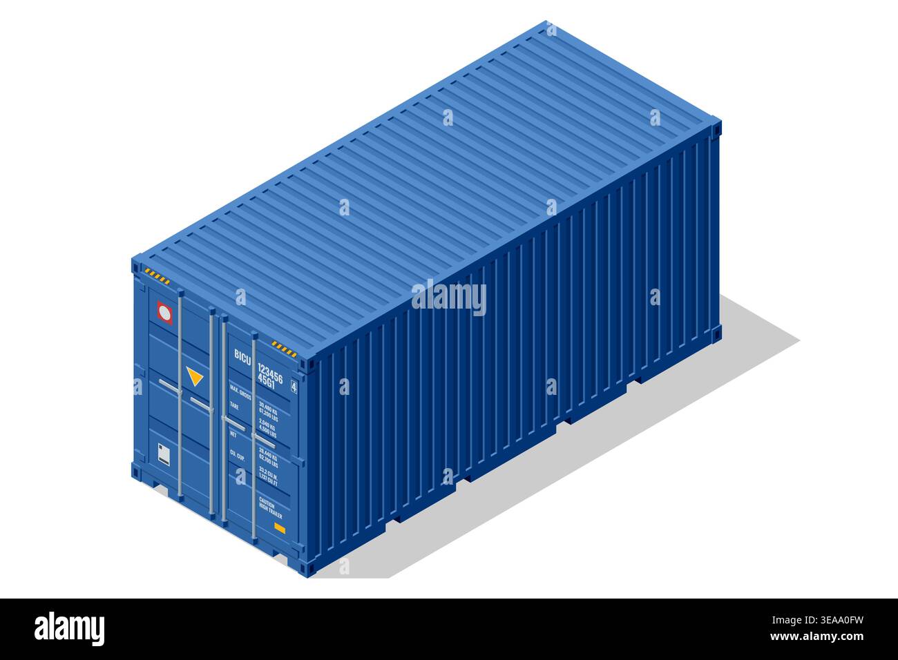 Isometric illustration of a standard blue metal sea container for international freight transport. A clean icon for global logistics, shipping, and Stock Vector