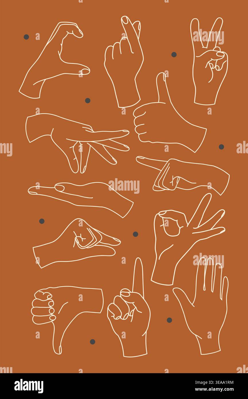 Hand Gestures Line Art Set on Orange Background Stock Vector