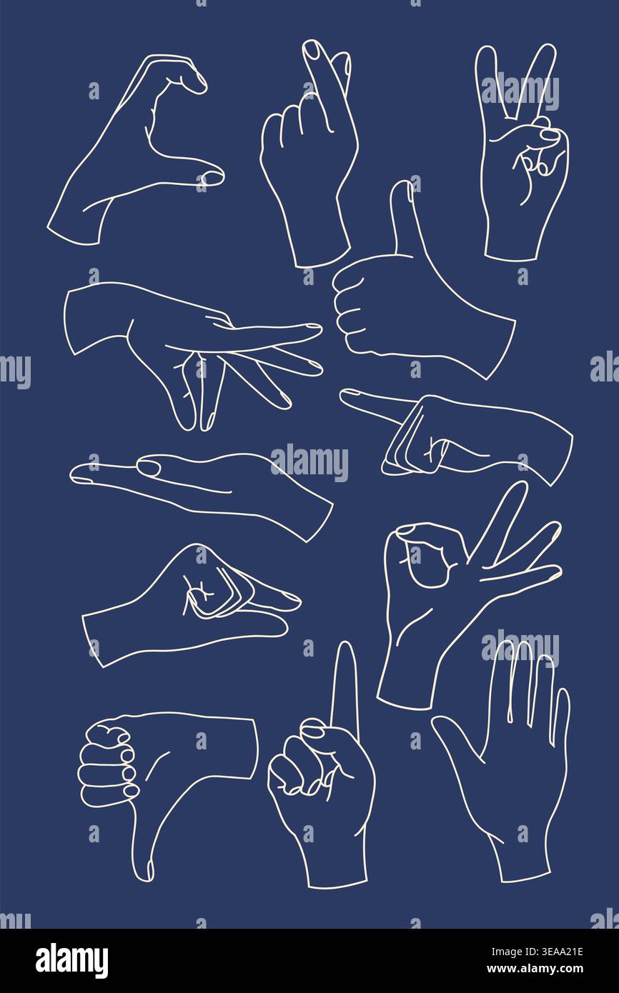 Hand Gestures Line Art Set on Blue Background Stock Vector