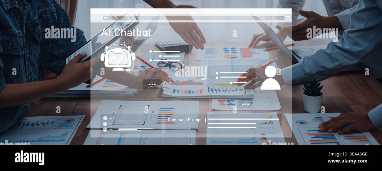 Group of professionals collaborating on AI chatbot project with data analysis and strategy. Modern workspace features documents, technology, and Stock Photo